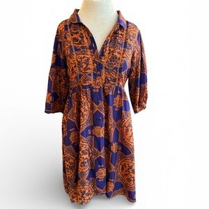 Resort dress silk & cotton vibrant blue and burnt orange festival boho